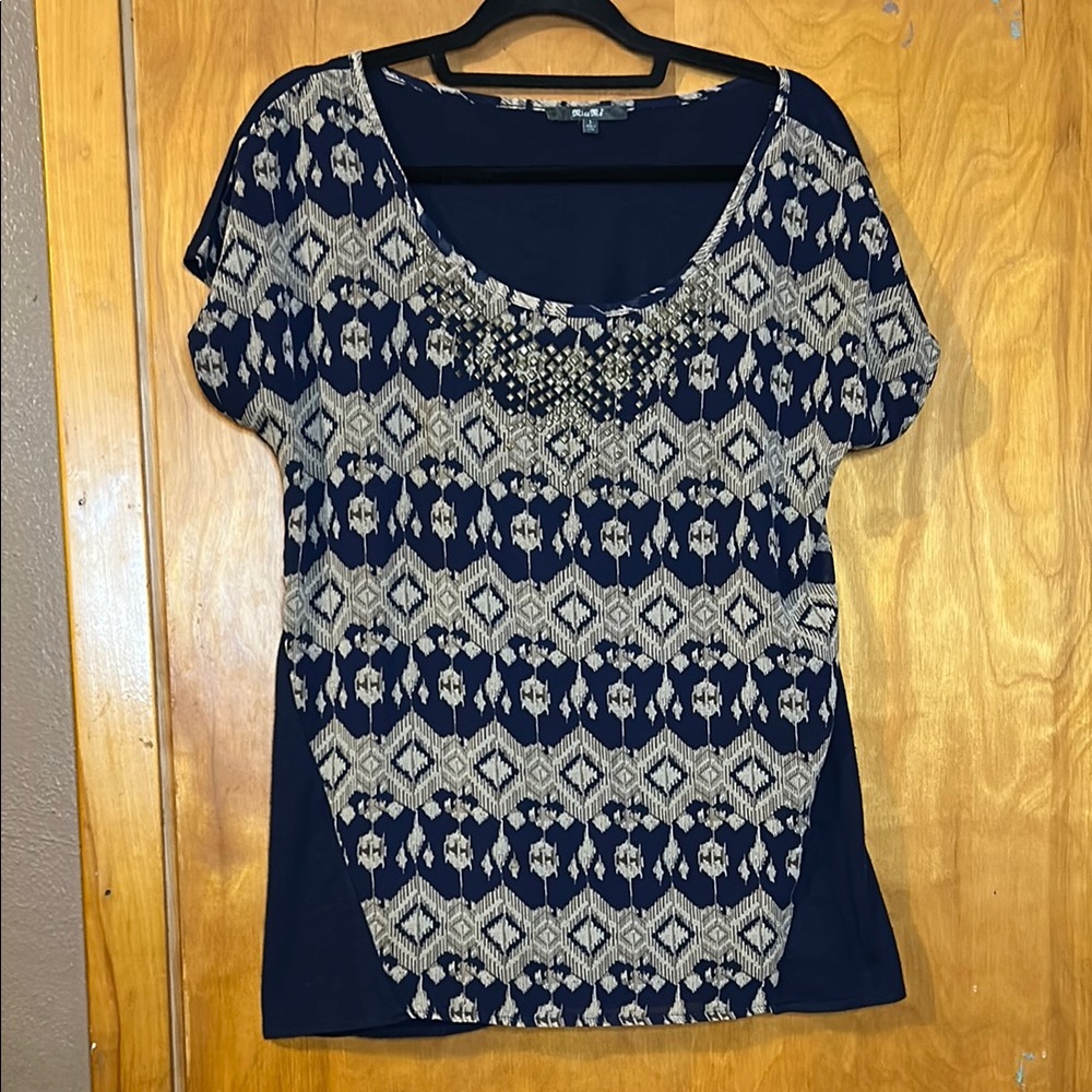 Miss Me Blue and Cream Patterned Blouse